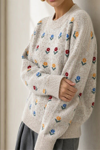 Floral Applique Crew Neck Knit Sweater