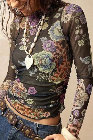 Sheer Floral Mock Neck Long Sleeve Top