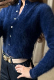 Mock Neck Button-Front Fuzzy Knit Cardigan