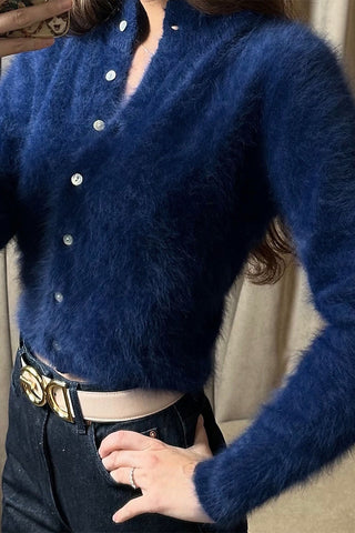 Mock Neck Button-Front Fuzzy Knit Cardigan