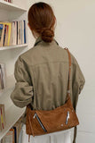 Suede Zipper Detail Slouchy Shoulder Bag