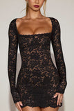 Floral Lace Square Neck Long Sleeve Mini Dress