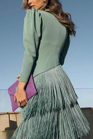 V-Neck Puff Sleeve Tiered Fringe Dress