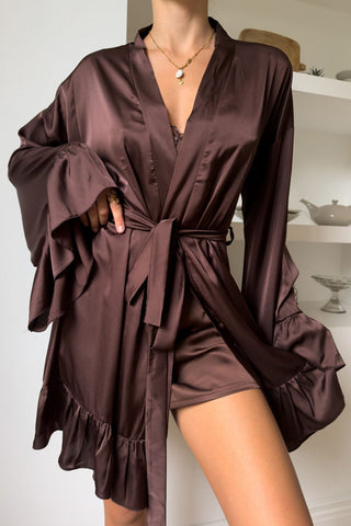 Lace Trim Satin Slip and Robe Loungewear Set