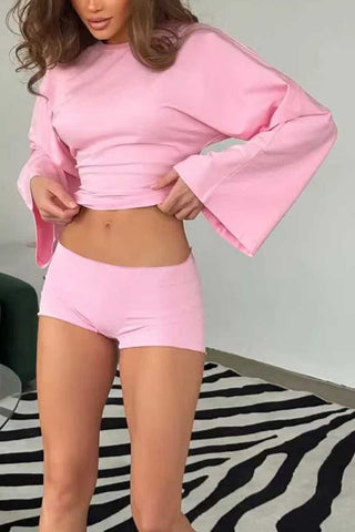 Long Sleeve Bell Sleeve Crew Neck Crop Top