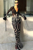 Zebra-Print V-Neck Long Sleeve Dress