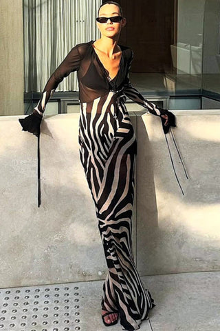 Zebra-Print V-Neck Long Sleeve Dress