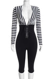 Striped V-Neck Lace-Up Bodycon Romper