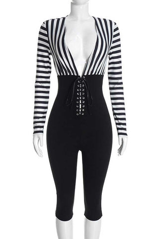Striped V-Neck Lace-Up Bodycon Romper