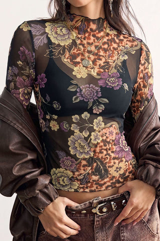 Sheer Floral Mock Neck Long Sleeve Blouse