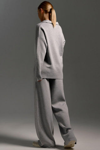 Knit Collared Top and Wide-Leg Pants Set