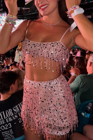 Sequin Sheer Mesh Crop Top and Mini Skirt Set