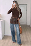 Sheer Lace Hem Long Sleeve Crew Neck Top