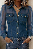 Sheer Sleeve Button-Front Denim Shirt