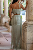 Ruched Scallop Crop Top and Fringe Maxi Skirt Set