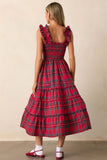 Plaid Ruffle Square Neck Midi Dress