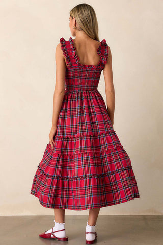 Plaid Ruffle Square Neck Midi Dress