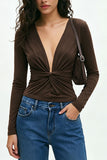 Deep V-Neck Ruched Front Long Sleeve Blouse
