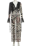 Zebra-Print V-Neck Long Sleeve Dress