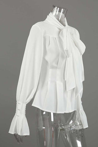 Tie-Neck Smocked Cuff Pleated Blouse