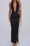 Sequin High-Waist Slit Midi Skirt