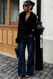 Faux Fur Collar Ribbed Zip-Up Jacket