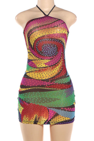 Sequin Swirl Halter Bodycon Mini Dress