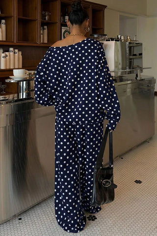 Polka Dot Off-Shoulder Long Sleeve Pants Set