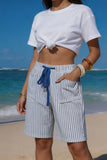 Drawstring Striped Pocket Casual Shorts