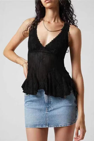 Sheer Floral Lace V-Neck Ruffle Tank