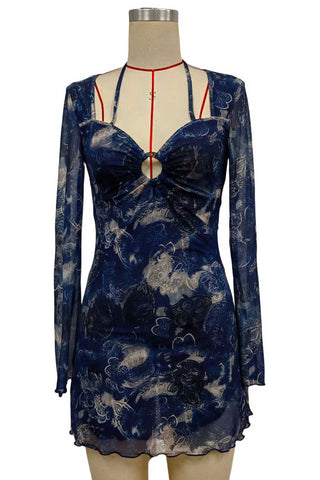 Sheer Bell Sleeve Ruched Cutout Mini Dress