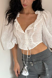 Lace Puff Sleeve Lace-Up Crop Top