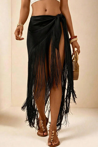 Fringe Tie-Waist Wrap Midi Skirt