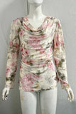 Sheer Floral Ruched Cowl Neck Top
