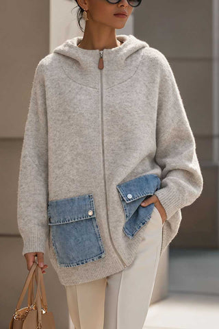 Hooded Zip-Front Denim Pocket Cardigan