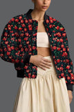 Floral Print Ribbed Trim Zip-Up Bomber Coat