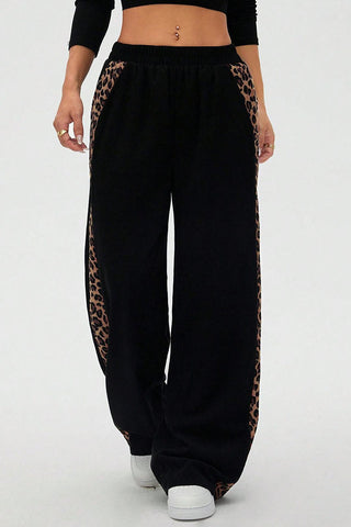 Leopard Print Side Stripe Wide Leg Casual Pants