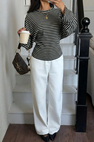 Striped Ribbed Knit Long Sleeve Top