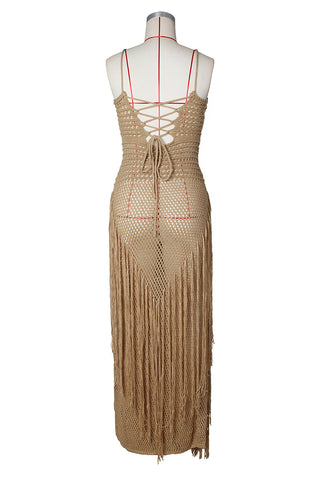 Crochet Fringe Backless Maxi Dress