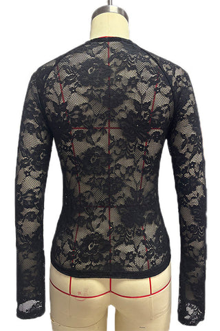 Sheer Floral Lace Cutout Long Sleeve Blouse