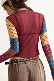 Sheer Mesh Floral Patchwork Mock Neck Top