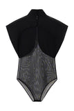 Mock Neck Cape Overlay Sheer Bodysuit