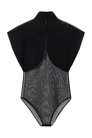 Mock Neck Cape Overlay Sheer Bodysuit