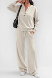 Button Placket Long Sleeve Wide-Leg Pants Set