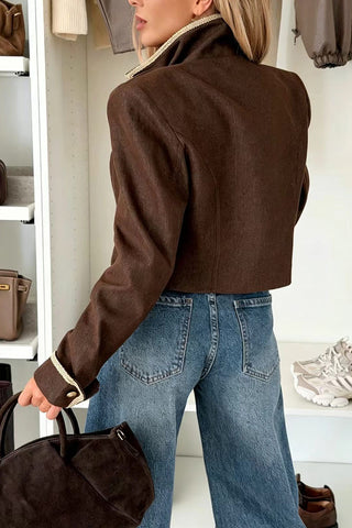 Contrast Trim Mock Neck Double-Breasted Jacket