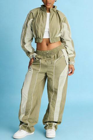 Colorblock Zip-Up Crop Top and Pants Set
