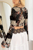 Sheer Floral Tie-Front Bell Sleeve Blouse