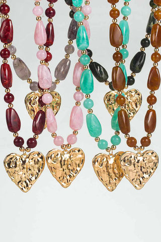 Textured Heart Pendant Beaded Necklace