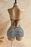 Striped Knit Halter Cutout Romper