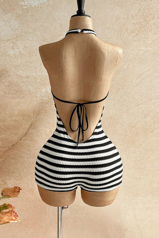Striped Knit Halter Cutout Romper
